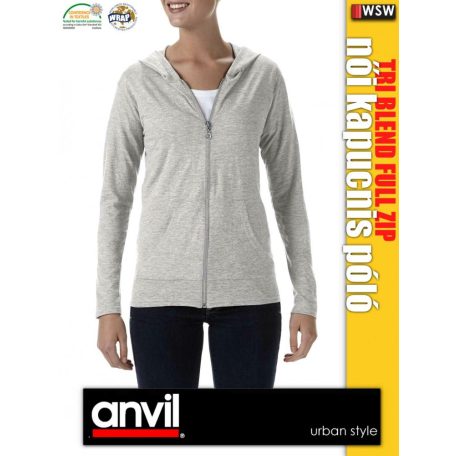 Anvil Tri-Blend női zipzáras kapucnis póló